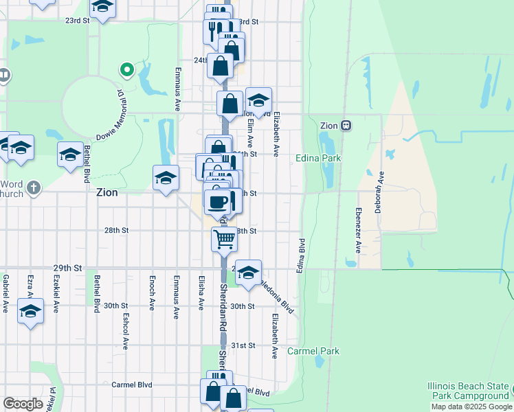 map of restaurants, bars, coffee shops, grocery stores, and more near 2707 Elim Avenue in Zion