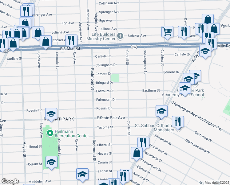 map of restaurants, bars, coffee shops, grocery stores, and more near 16226 Eastburn Street in Detroit