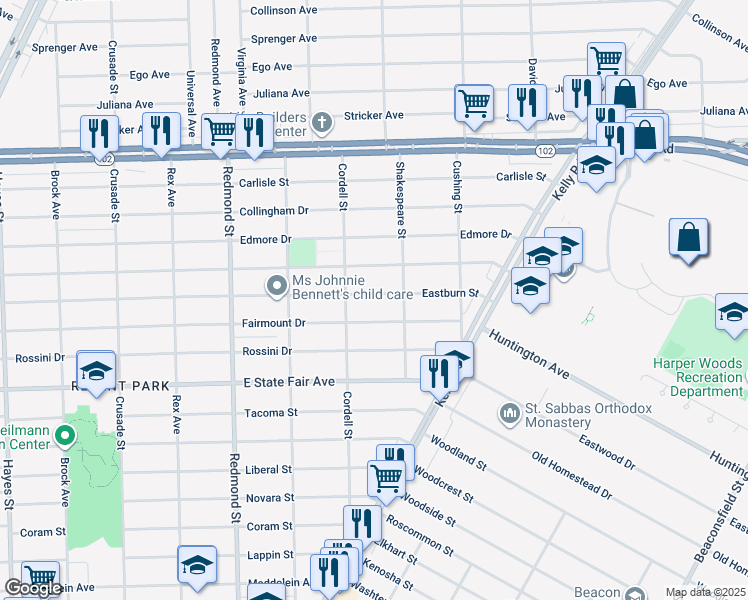 map of restaurants, bars, coffee shops, grocery stores, and more near 16452 Eastburn Street in Detroit