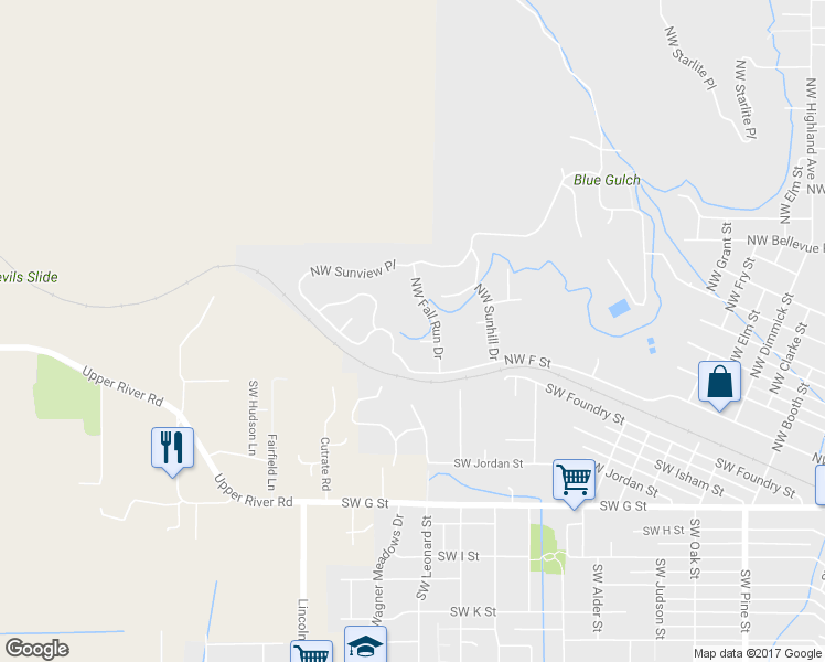 map of restaurants, bars, coffee shops, grocery stores, and more near 216 North West Stone Fly Court in Grants Pass
