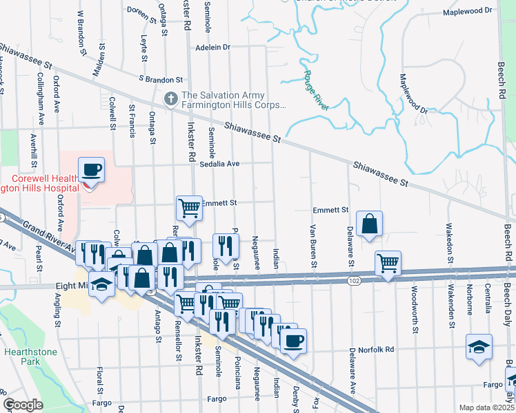 map of restaurants, bars, coffee shops, grocery stores, and more near 21018 Negaunee in Southfield