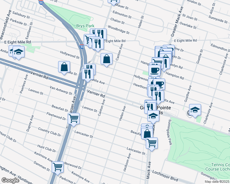 map of restaurants, bars, coffee shops, grocery stores, and more near 2200 Vernier Road in Grosse Pointe Woods