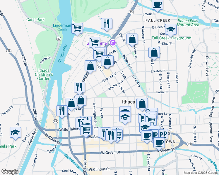 map of restaurants, bars, coffee shops, grocery stores, and more near 202-04 3rd Street in Ithaca