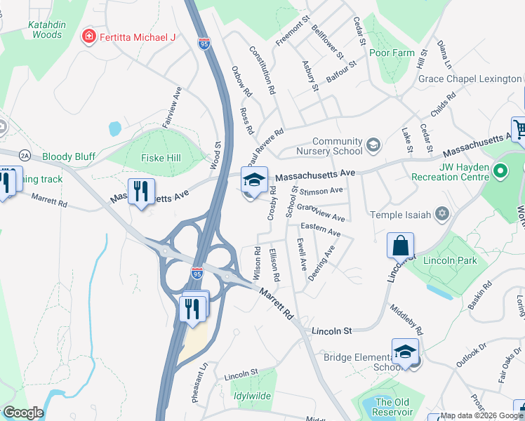 map of restaurants, bars, coffee shops, grocery stores, and more near 7 Crosby Road in Lexington