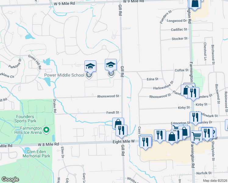map of restaurants, bars, coffee shops, grocery stores, and more near 34478 Rhonswood St in Farmington Hills