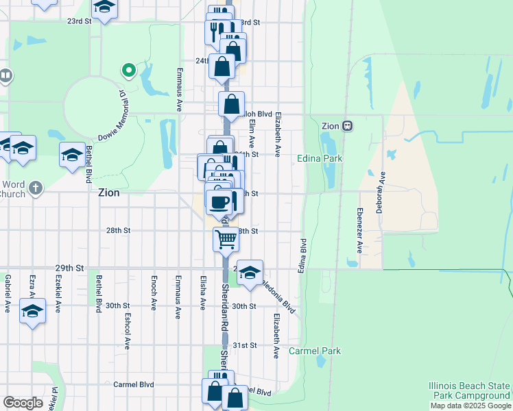 map of restaurants, bars, coffee shops, grocery stores, and more near 2707 Elim Avenue in Zion