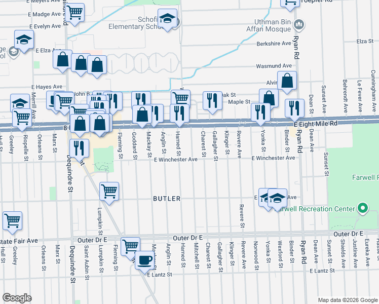map of restaurants, bars, coffee shops, grocery stores, and more near 20425 Mitchell Street in Detroit