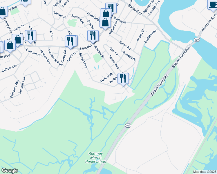 map of restaurants, bars, coffee shops, grocery stores, and more near 29 Venice Avenue in Saugus