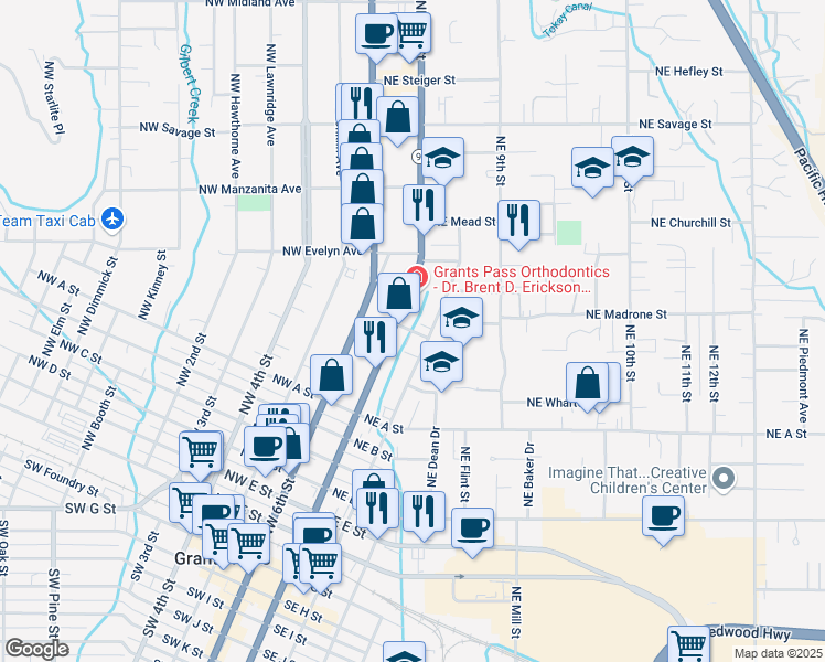 map of restaurants, bars, coffee shops, grocery stores, and more near Northeast School Street in Grants Pass