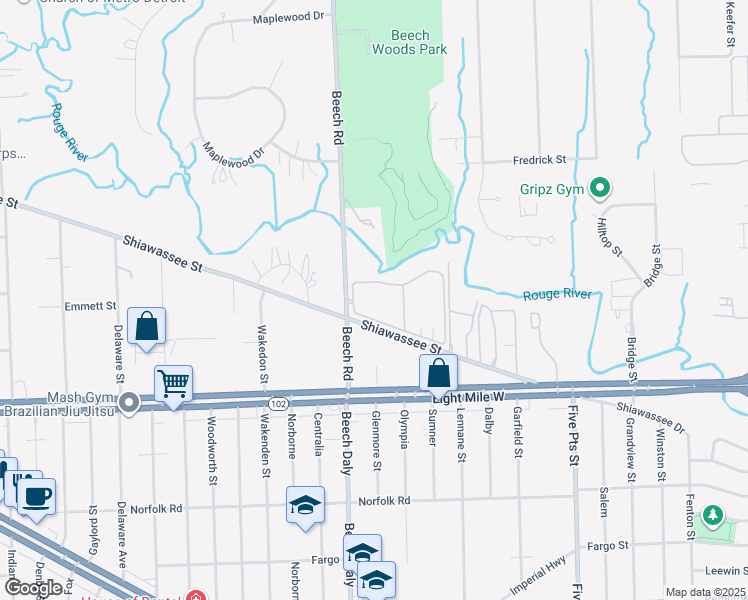map of restaurants, bars, coffee shops, grocery stores, and more near 25740 Shiawassee Street in Southfield