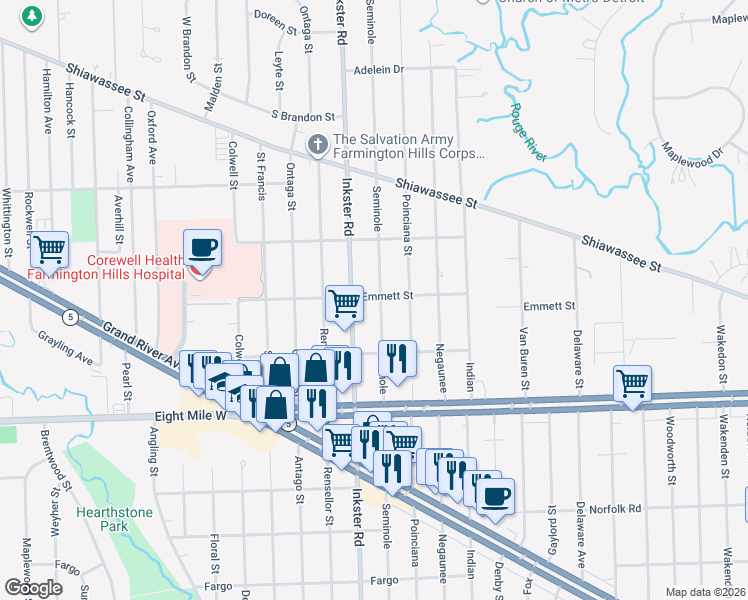 map of restaurants, bars, coffee shops, grocery stores, and more near 21023 Seminole in Southfield