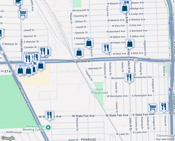 map of restaurants, bars, coffee shops, grocery stores, and more near 20536 Fayette Street in Highland Park