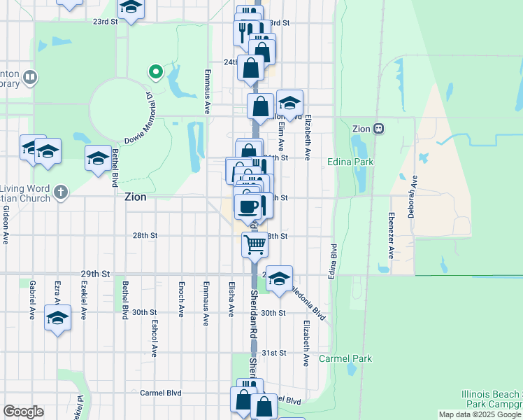 map of restaurants, bars, coffee shops, grocery stores, and more near 2711 Sheridan Road in Zion