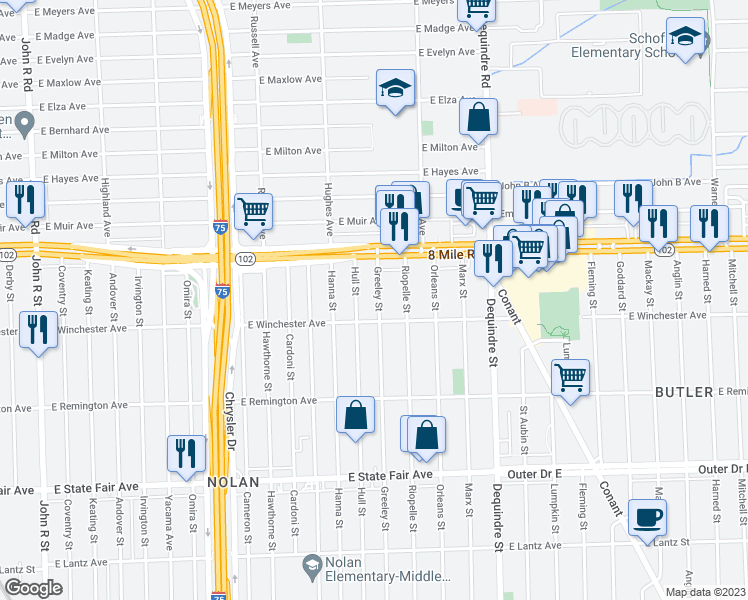 map of restaurants, bars, coffee shops, grocery stores, and more near 20445 Greeley Street in Highland Park