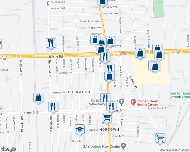 map of restaurants, bars, coffee shops, grocery stores, and more near 20236 Spencer Avenue in Detroit