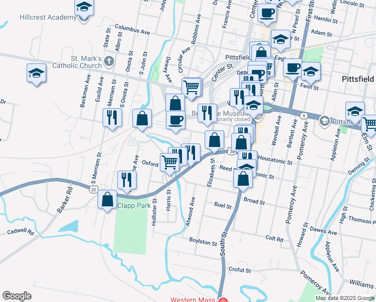map of restaurants, bars, coffee shops, grocery stores, and more near 39 Worthington Street in Pittsfield