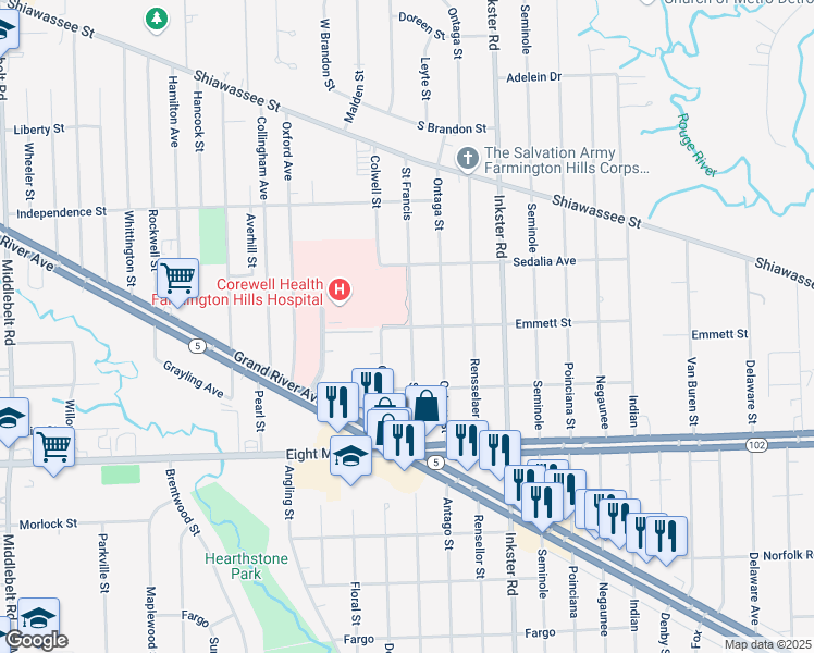 map of restaurants, bars, coffee shops, grocery stores, and more near 21054 Saint Francis in Farmington Hills