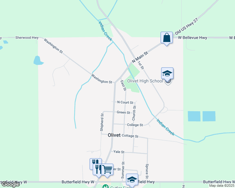 map of restaurants, bars, coffee shops, grocery stores, and more near 127 South Main Street in Olivet