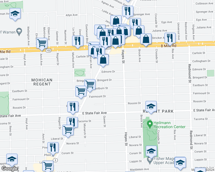 map of restaurants, bars, coffee shops, grocery stores, and more near 14925 Eastburn Street in Detroit