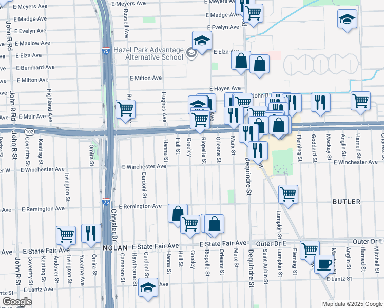 map of restaurants, bars, coffee shops, grocery stores, and more near 20444 Greeley Street in Highland Park
