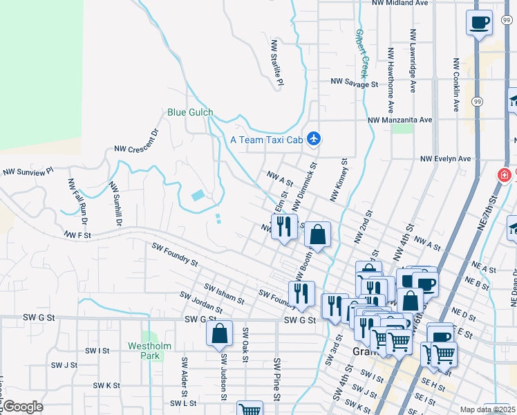 map of restaurants, bars, coffee shops, grocery stores, and more near 1103 Northwest C Street in Grants Pass