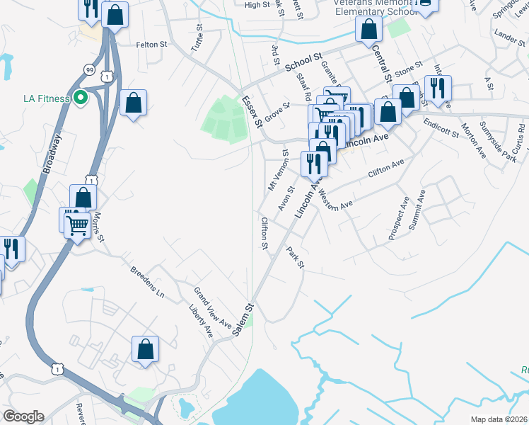 map of restaurants, bars, coffee shops, grocery stores, and more near 28 Laurel Street in Saugus