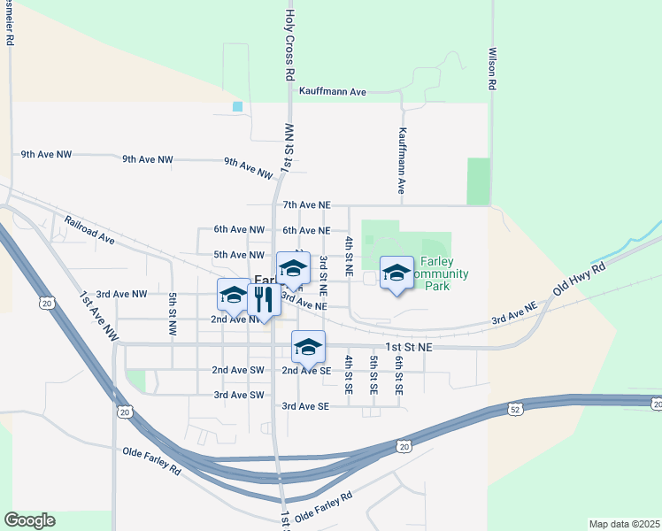 map of restaurants, bars, coffee shops, grocery stores, and more near 407 3rd Street Northeast in Farley
