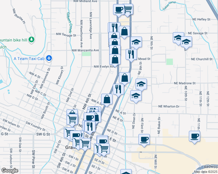map of restaurants, bars, coffee shops, grocery stores, and more near 762 Northwest 6th Street in Grants Pass