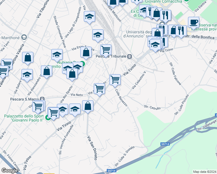 map of restaurants, bars, coffee shops, grocery stores, and more near 173 Via Tirino in Pescara