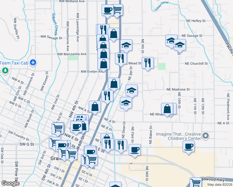 map of restaurants, bars, coffee shops, grocery stores, and more near 231 Northeast School Street in Grants Pass
