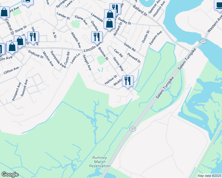 map of restaurants, bars, coffee shops, grocery stores, and more near 29 Venice Avenue in Saugus