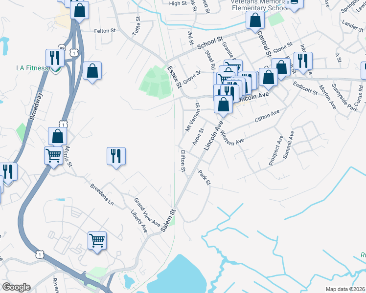 map of restaurants, bars, coffee shops, grocery stores, and more near 28 Laurel Street in Saugus