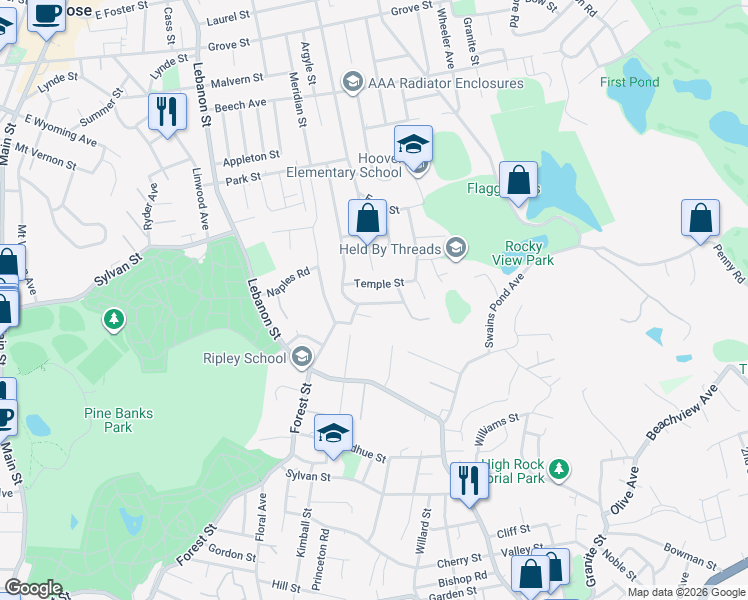 map of restaurants, bars, coffee shops, grocery stores, and more near 18 Hancock Street in Melrose