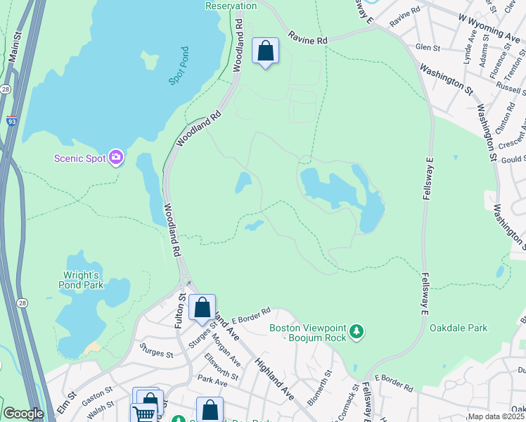 map of restaurants, bars, coffee shops, grocery stores, and more near Woodland Road Path in Medford