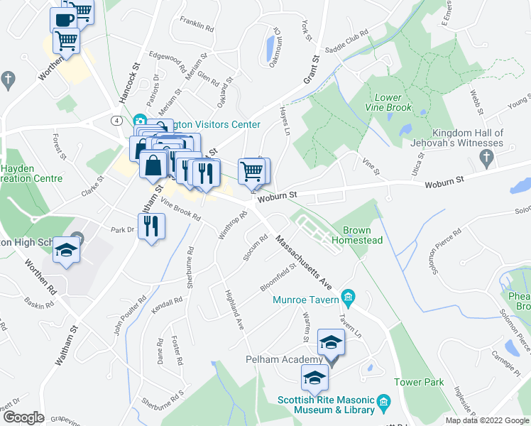 map of restaurants, bars, coffee shops, grocery stores, and more near 1505 Massachusetts Avenue in Lexington