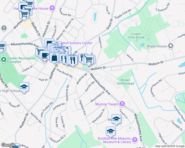 map of restaurants, bars, coffee shops, grocery stores, and more near 1505 Massachusetts Avenue in Lexington