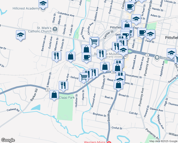 map of restaurants, bars, coffee shops, grocery stores, and more near 39 Worthington Street in Pittsfield