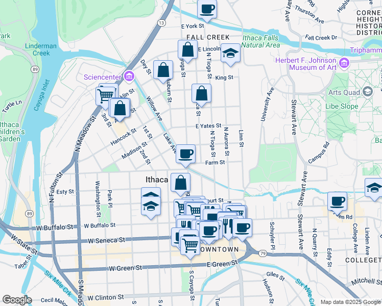 map of restaurants, bars, coffee shops, grocery stores, and more near 110 Utica Street in Ithaca