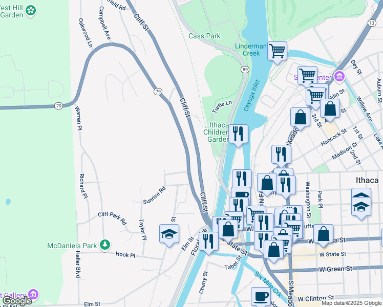map of restaurants, bars, coffee shops, grocery stores, and more near 325 Hector Street in Ithaca