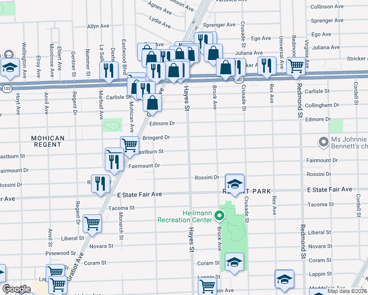map of restaurants, bars, coffee shops, grocery stores, and more near 15025 Eastburn Street in Detroit