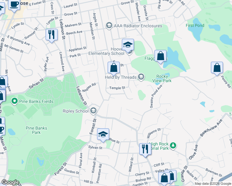map of restaurants, bars, coffee shops, grocery stores, and more near 18 Hancock Street in Melrose
