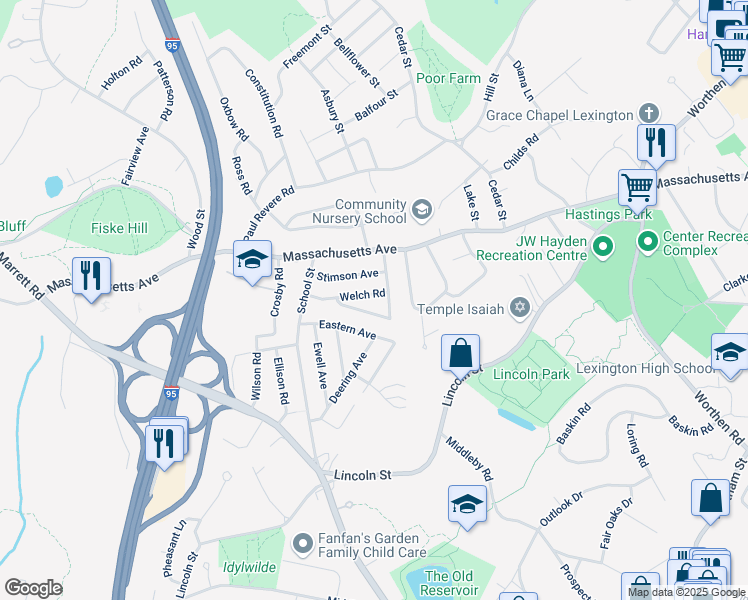 map of restaurants, bars, coffee shops, grocery stores, and more near 21 Welch Road in Lexington