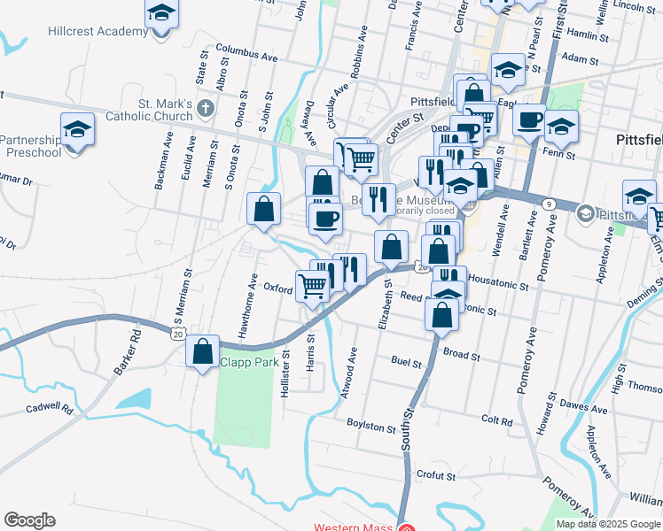 map of restaurants, bars, coffee shops, grocery stores, and more near 39 Worthington Street in Pittsfield