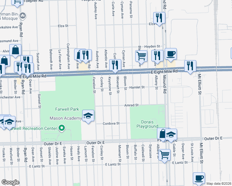 map of restaurants, bars, coffee shops, grocery stores, and more near 20280 Moenart Street in Detroit