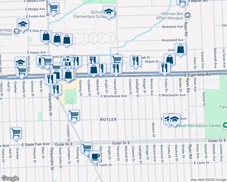 map of restaurants, bars, coffee shops, grocery stores, and more near 20431 Harned Street in Detroit