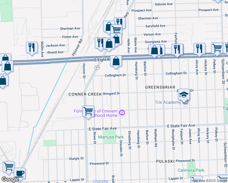 map of restaurants, bars, coffee shops, grocery stores, and more near 20210 Bradford Avenue in Detroit