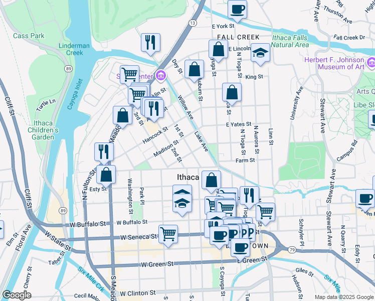 map of restaurants, bars, coffee shops, grocery stores, and more near 115 Monroe Street in Ithaca