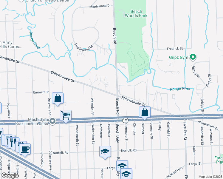 map of restaurants, bars, coffee shops, grocery stores, and more near 25740 Shiawassee Street in Southfield