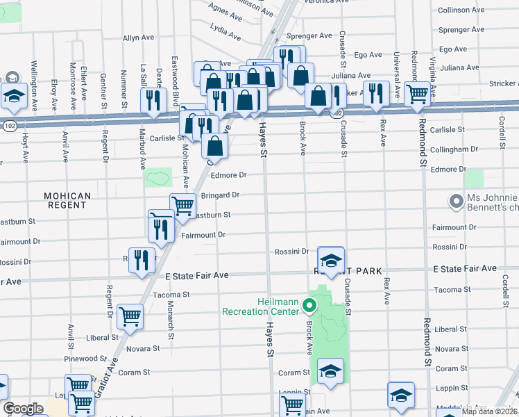 map of restaurants, bars, coffee shops, grocery stores, and more near 15025 Eastburn Street in Detroit