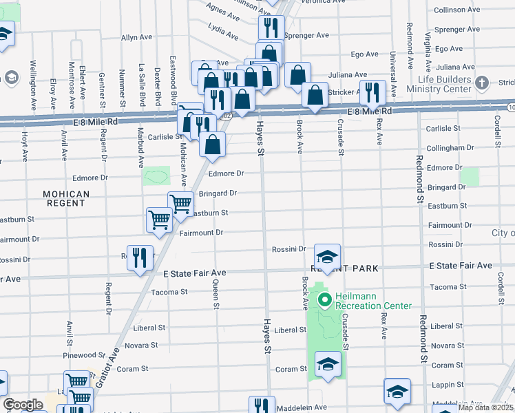 map of restaurants, bars, coffee shops, grocery stores, and more near 15039 Eastburn Street in Detroit